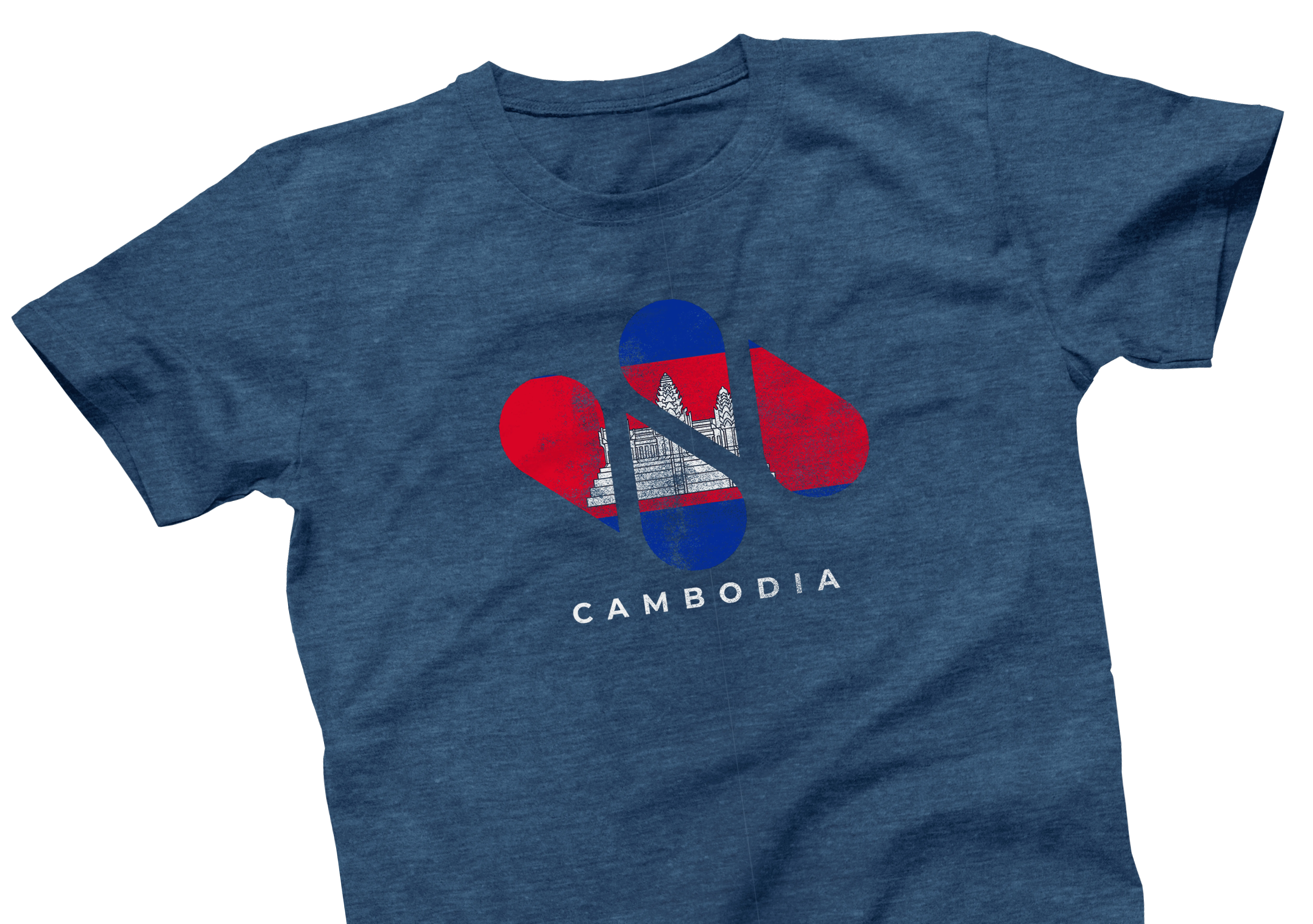 Blue t-shirt featuring a stylized graphic of Angkor Wat inside a footprint with red and blue colors, and the word CAMBODIA printed below the design.