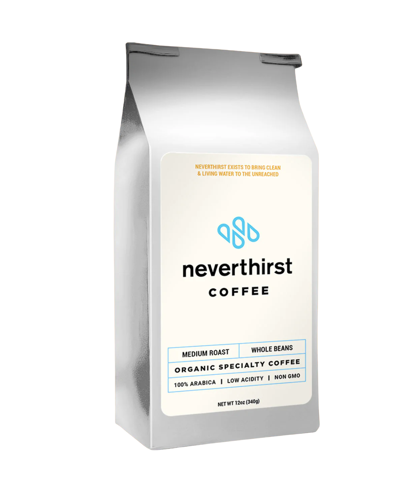 A silver bag of Neverthirst Coffee with a cream-colored label. The label features the Neverthirst logo, product name, and notes: medium roast, whole beans, organic specialty coffee, 100% Arabica, low acidity, non-GMO, net weight 12oz (340g).